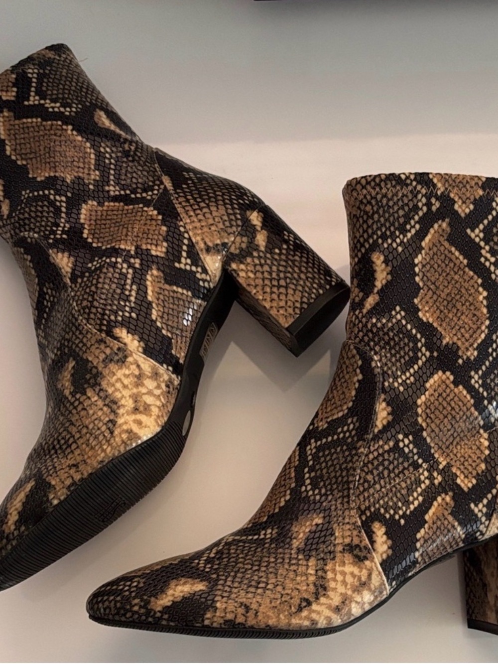 Stuart Weitzman Tan and Black Leather Snake-Print Block Heel Ankle Boots
